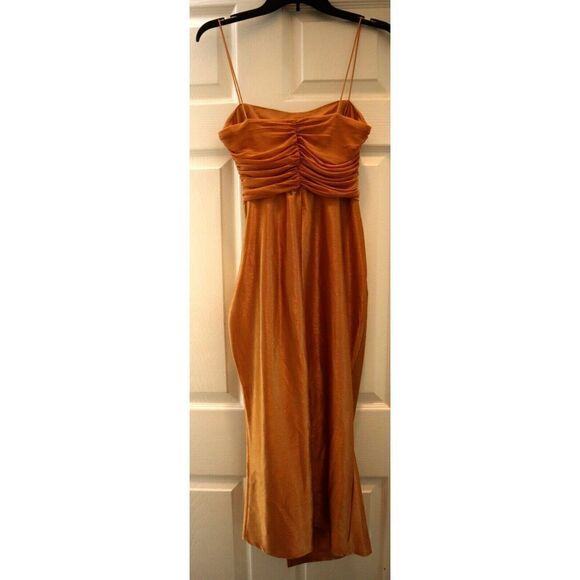 ASOS DESIGN Women's Sz 4 Gold Mesh Ruched Cami Drape Satin Midi Dress - Picture 2 of 14
